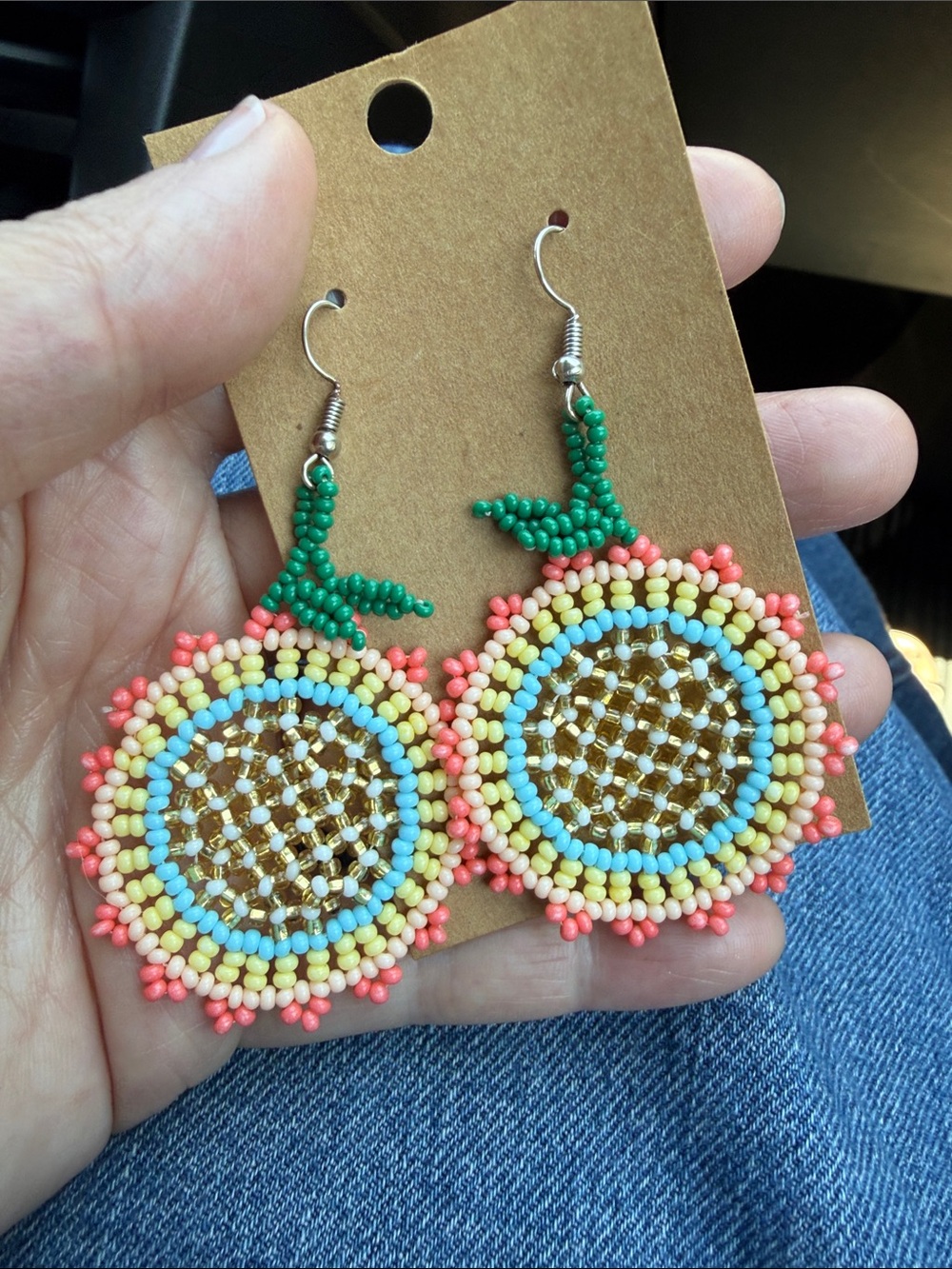 Handmade Multicolor Seed Bead Sunburst Drop Earrings - Green, Coral, Yellow